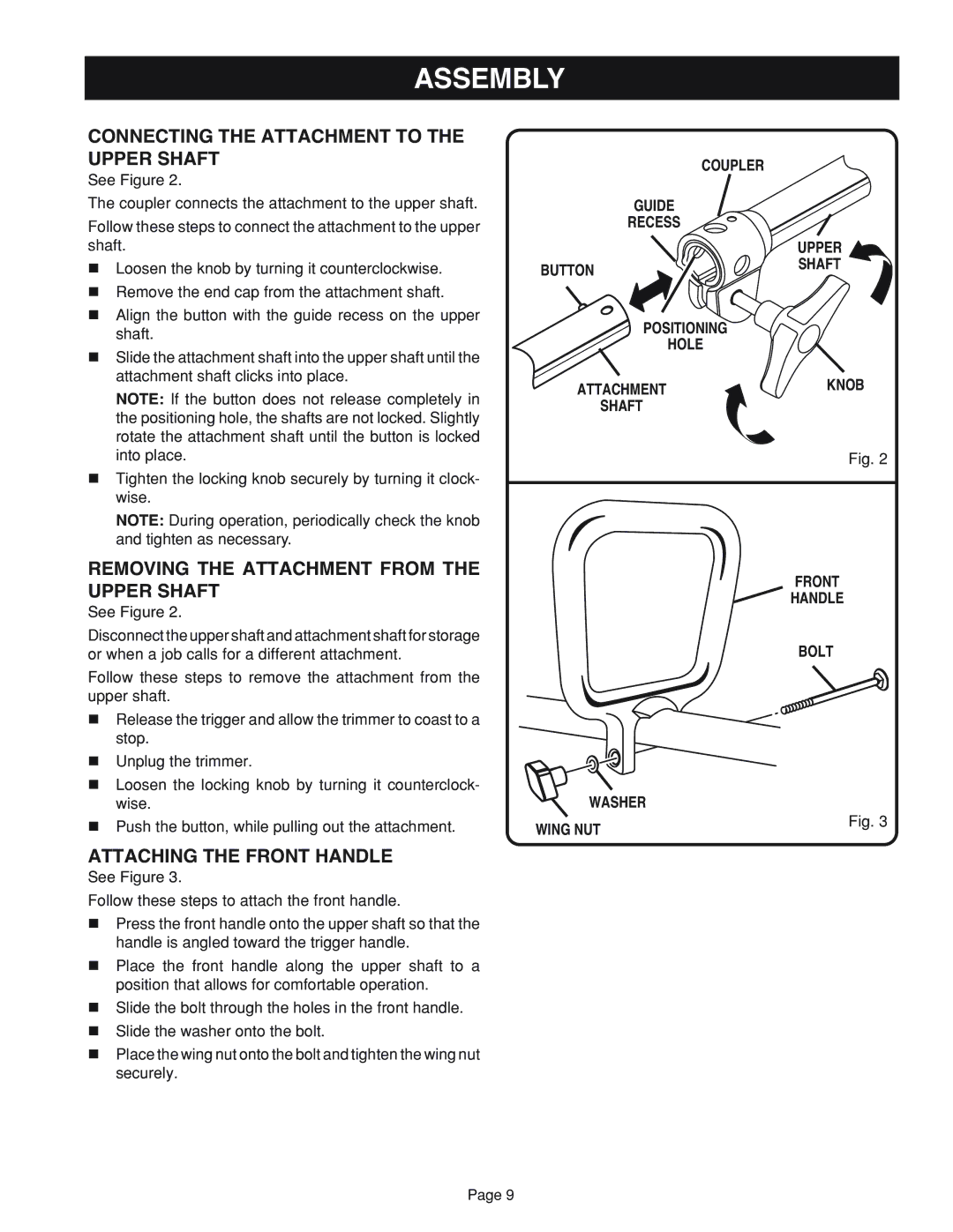 Ryobi RY41002 manual Assembly, Connecting the Attachment to the Upper Shaft, Removing the Attachment from the Upper Shaft 