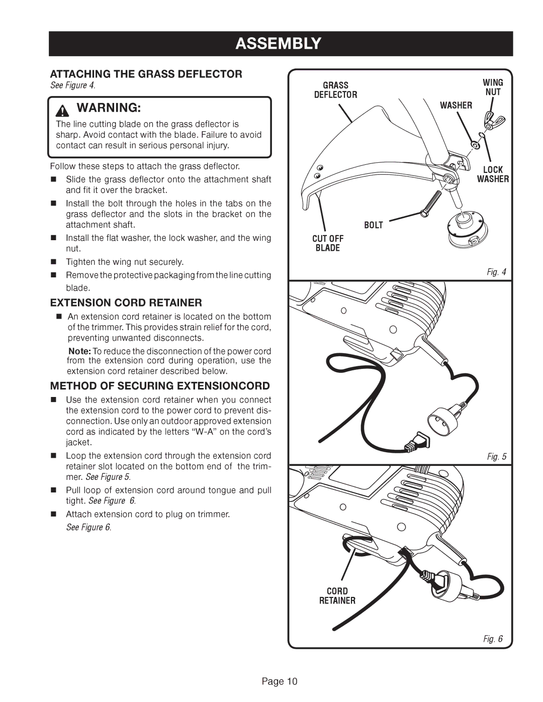 Ryobi RY41002A manual Attaching the Grass Deflector, Extension Cord Retainer, Method of Securing Extensioncord 