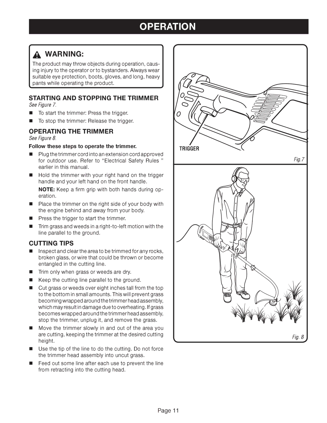 Ryobi RY41002A manual Operation, Starting and Stopping the Trimmer, Operating the Trimmer, Cutting Tips 