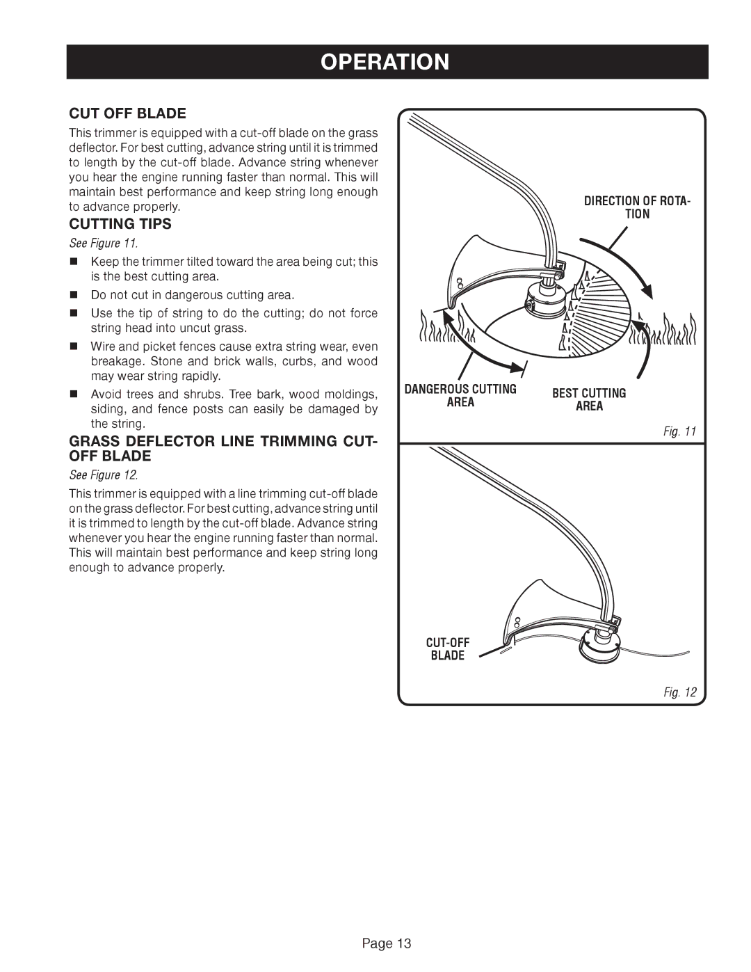 Ryobi RY41002A manual CUT OFF Blade, Grass Deflector Line Trimming CUT- OFF Blade 