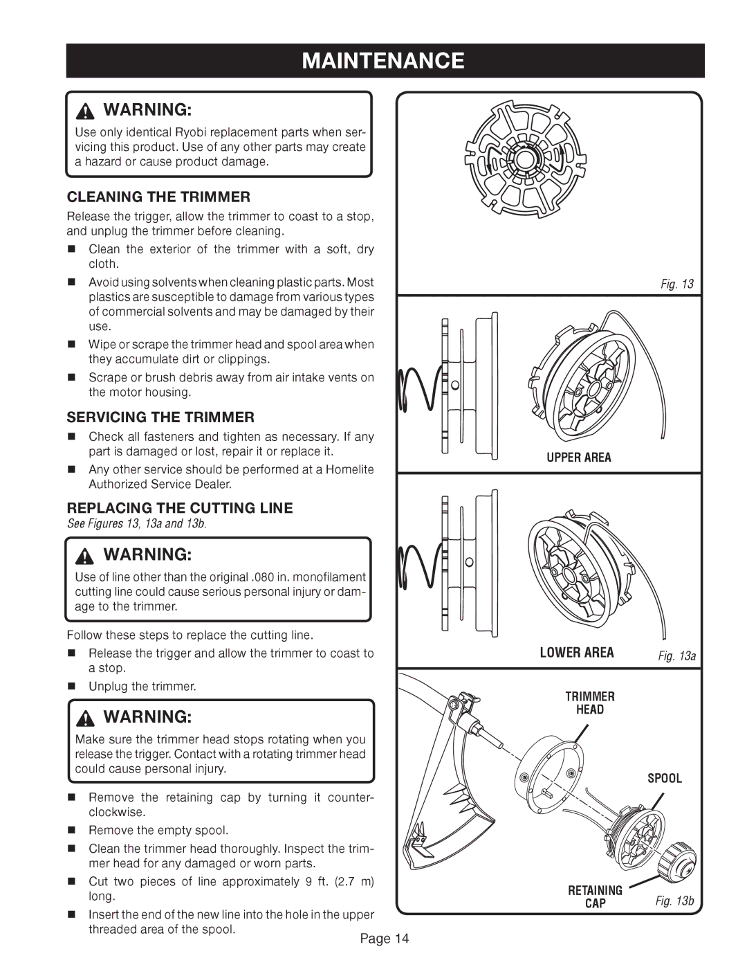 Ryobi RY41002A manual Maintenance, Cleaning the Trimmer, Servicing the Trimmer, Replacing the Cutting Line 