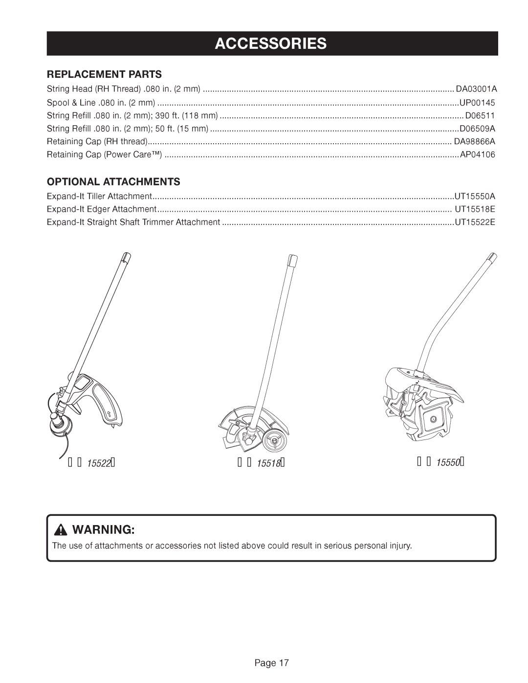 Ryobi RY41002A manual Accessories, Replacement Parts, Optional Attachments 