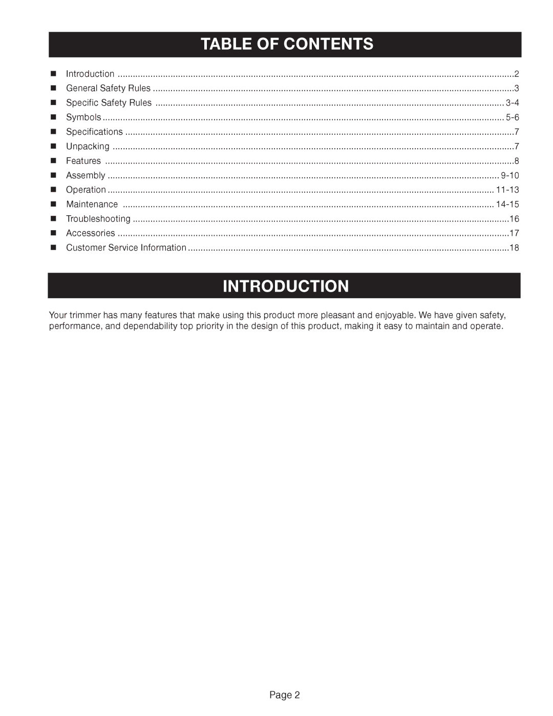 Ryobi RY41002A manual Introduction, Table of Contents 