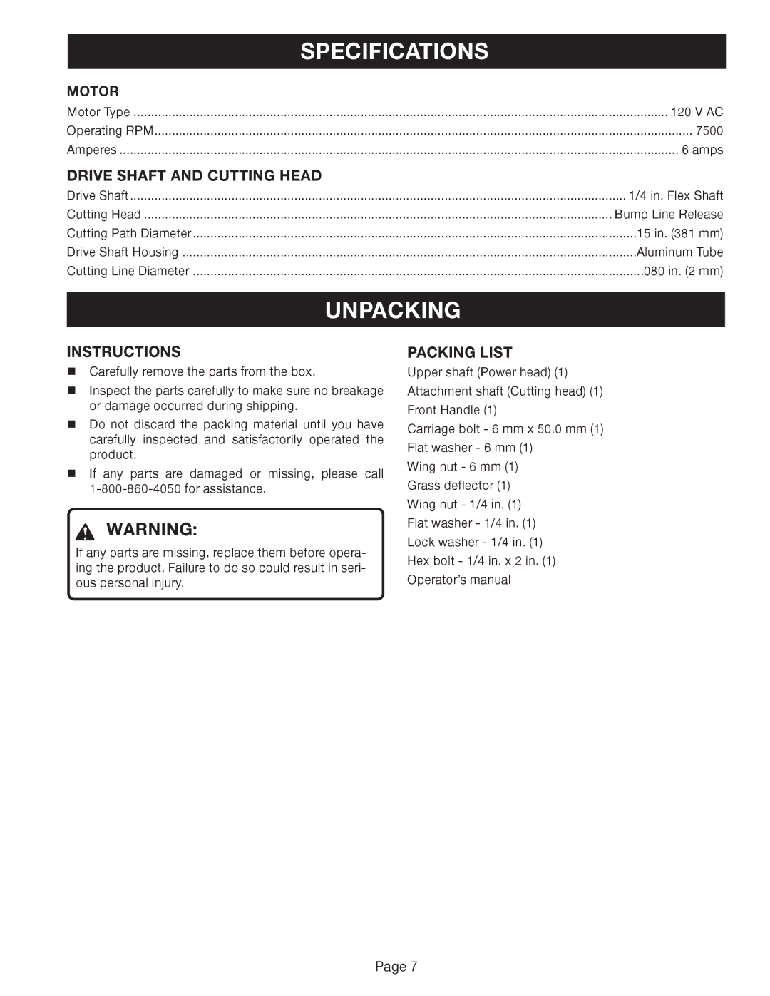 Ryobi RY41002A manual Specifications, Unpacking, Drive Shaft and Cutting Head, Instructions, Packing List 