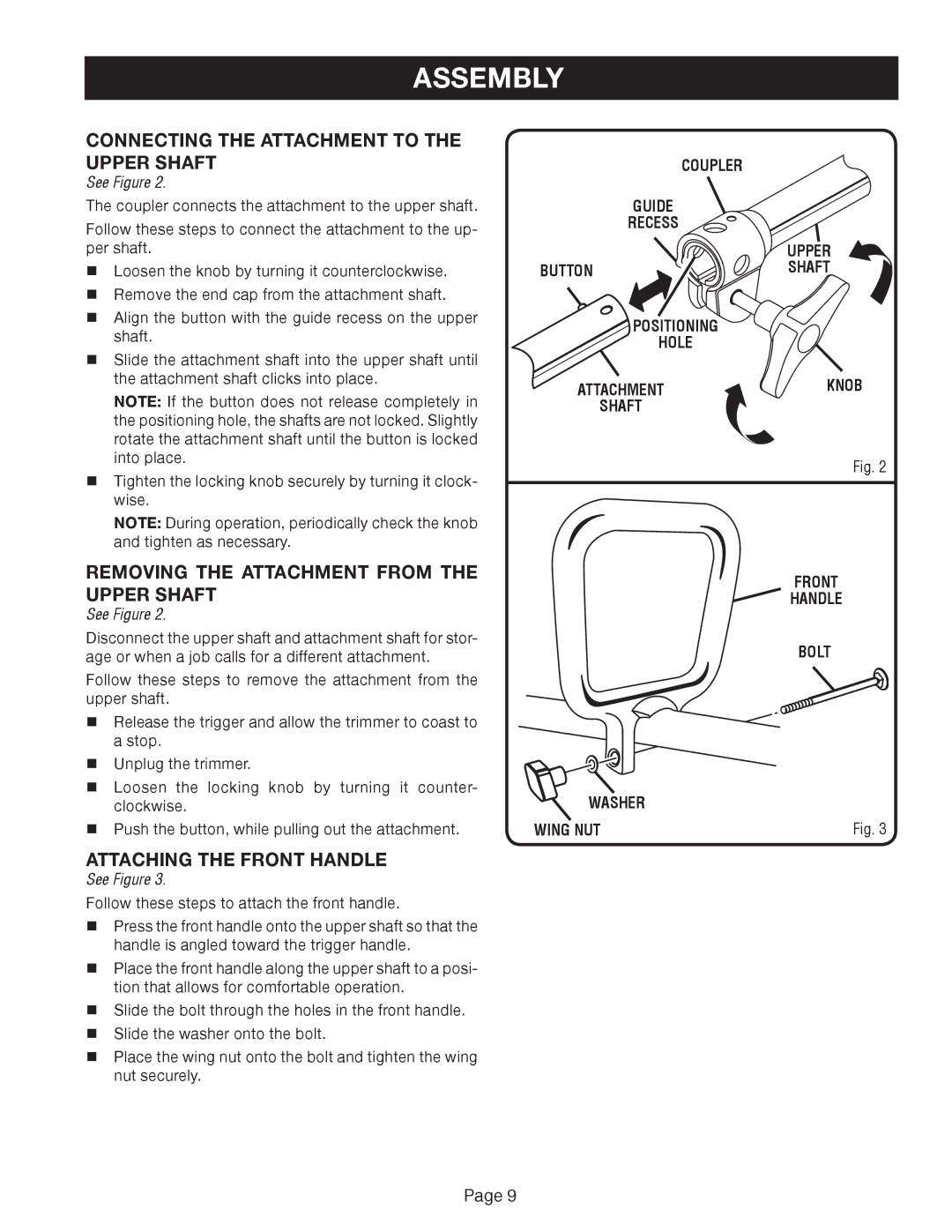 Ryobi RY41002A manual Assembly, Connecting the Attachment to the Upper Shaft, Removing the Attachment from the Upper Shaft 