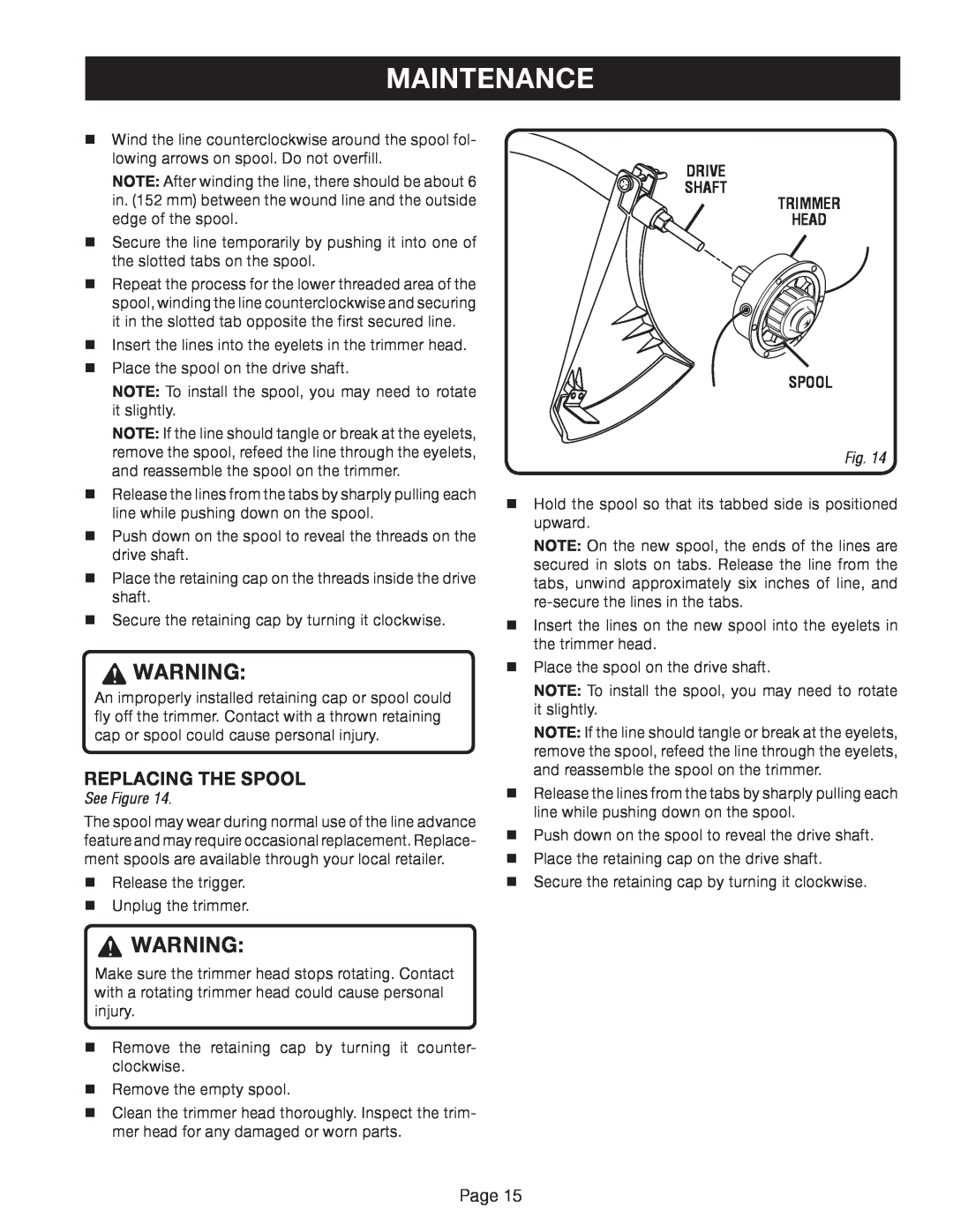 Ryobi RY41002A manual Maintenance, Replacing The Spool, Page, See Figure, Drive Shaft Trimmer Head Spool 