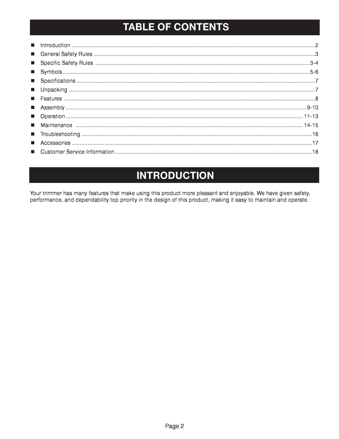 Ryobi RY41002A manual Introduction, Table Of Contents, Page 