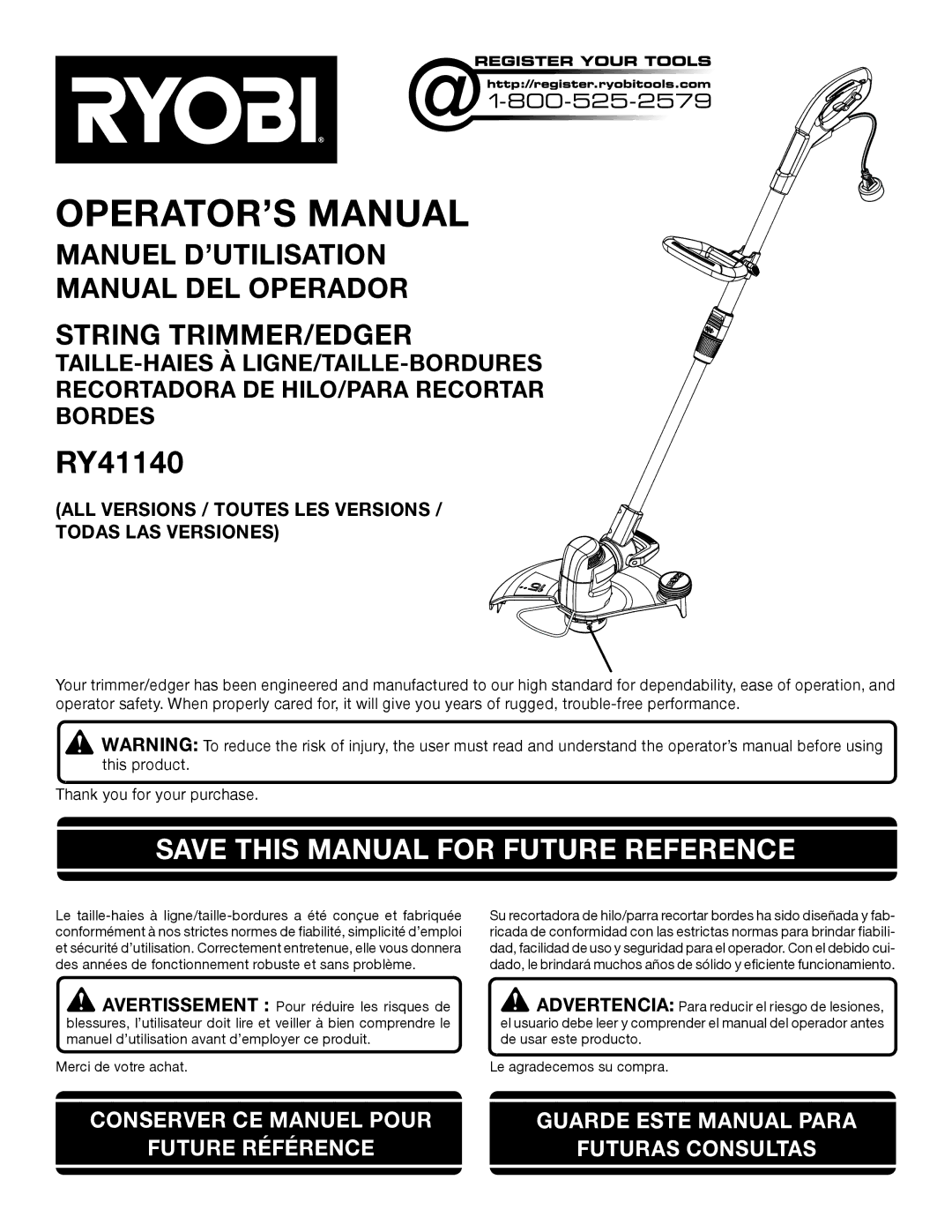 Ryobi RY41140 manuel dutilisation Save this Manual for Future Reference 