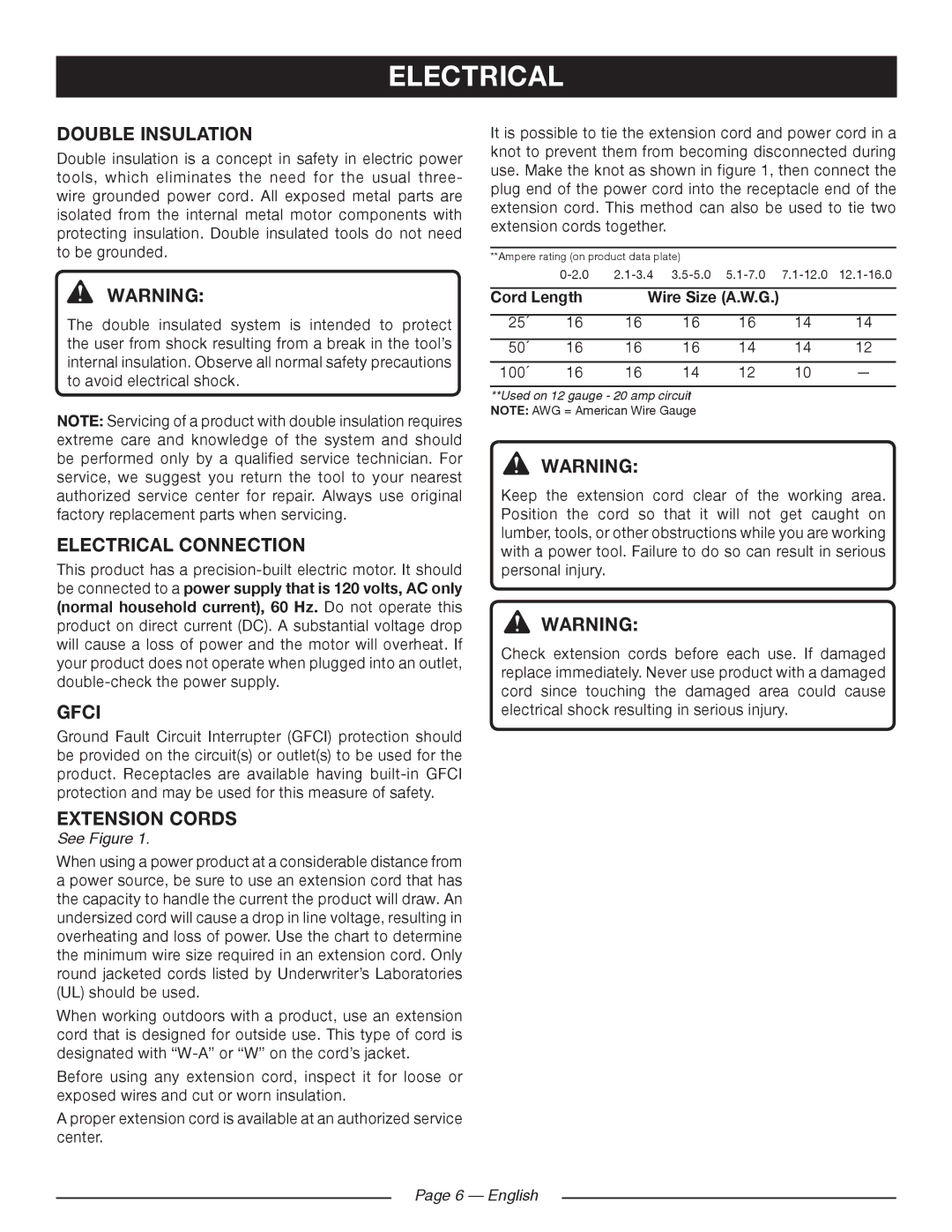 Ryobi RY41140 manuel dutilisation Double Insulation, Electrical Connection, Gfci, Extension Cords 