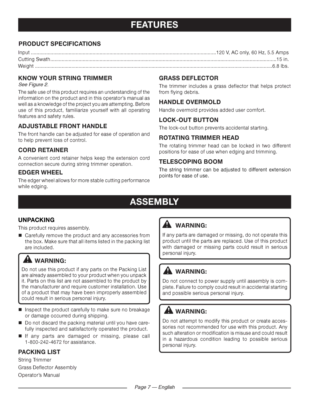 Ryobi RY41140 manuel dutilisation Features, Assembly 