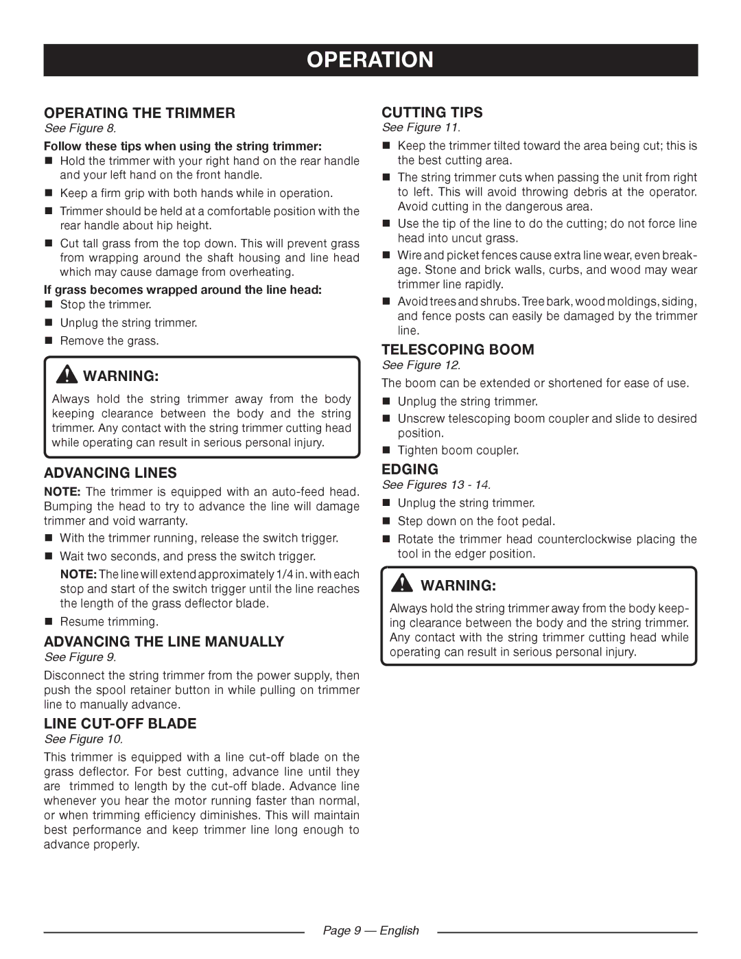 Ryobi RY41140 Operating the Trimmer, Advancing Lines, Advancing the Line Manually, Line CUT-OFF Blade, Cutting Tips 