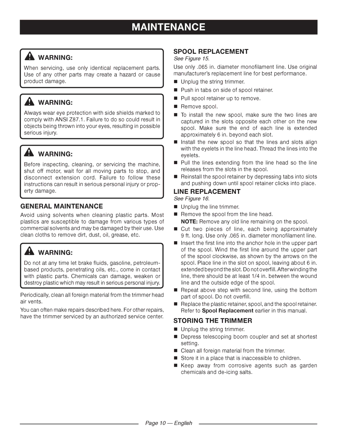 Ryobi RY41140 manuel dutilisation General Maintenance, Spool Replacement, Line Replacement, Storing the Trimmer 