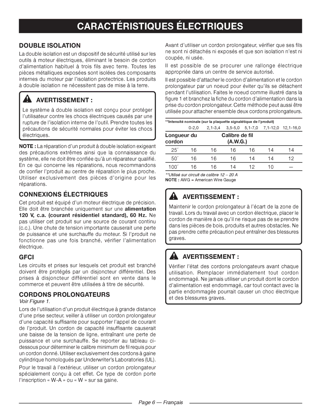 Ryobi RY41140 Caractéristiques Électriques, Double Isolation, Connexions Électriques, Cordons Prolongateurs 