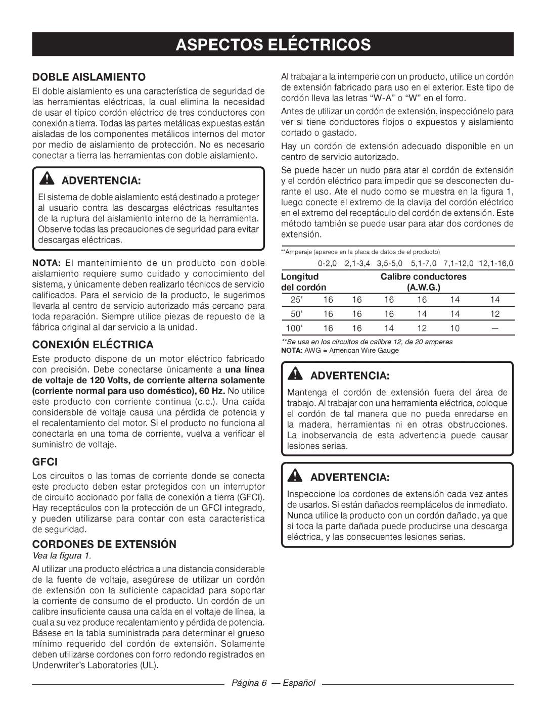 Ryobi RY41140 manuel dutilisation Aspectos Eléctricos, Doble Aislamiento, Conexión Eléctrica, Cordones DE Extensión 