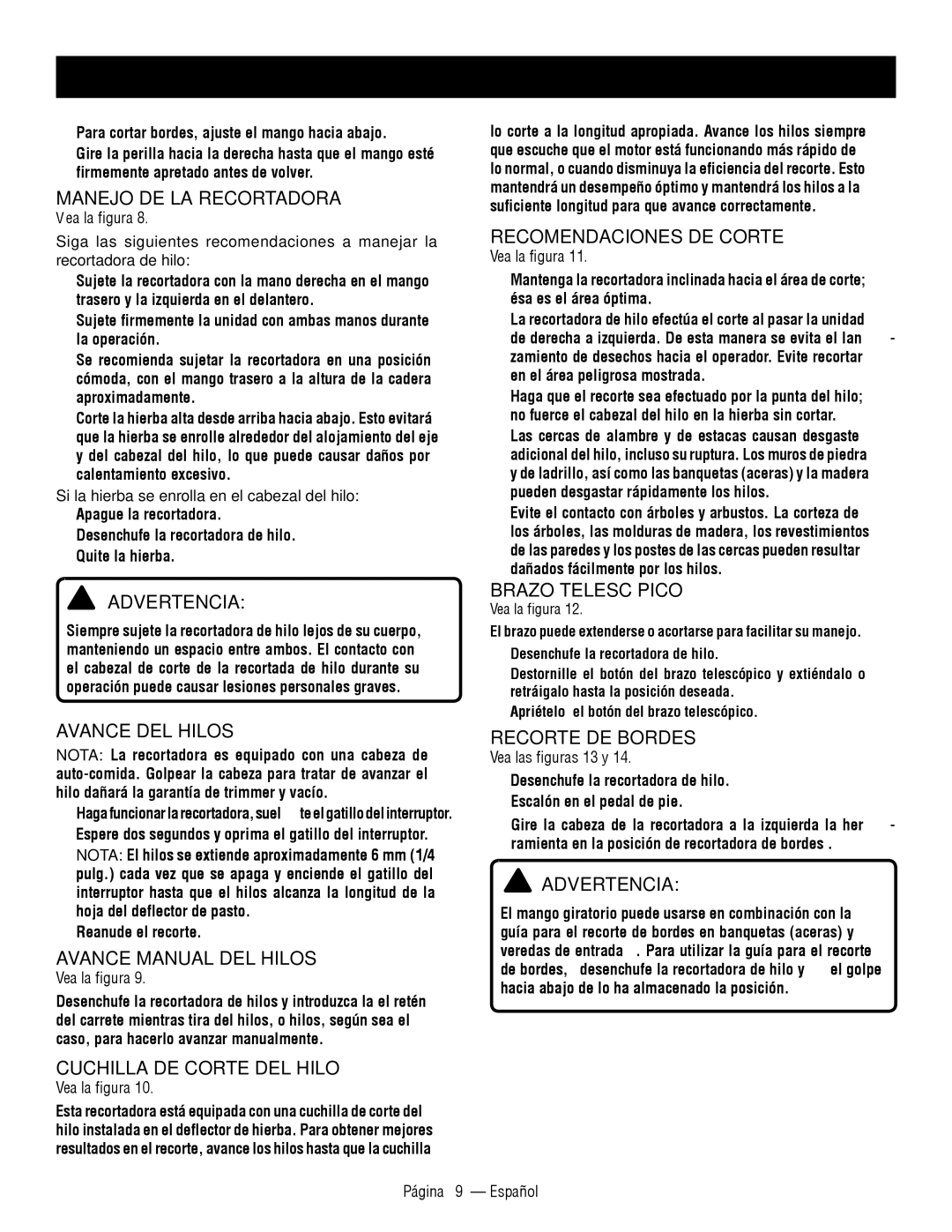 Ryobi RY41140 Manejo DE LA Recortadora, Avance DEL Hilos, Avance Manual DEL Hilos, Cuchilla DE Corte DEL Hilo 