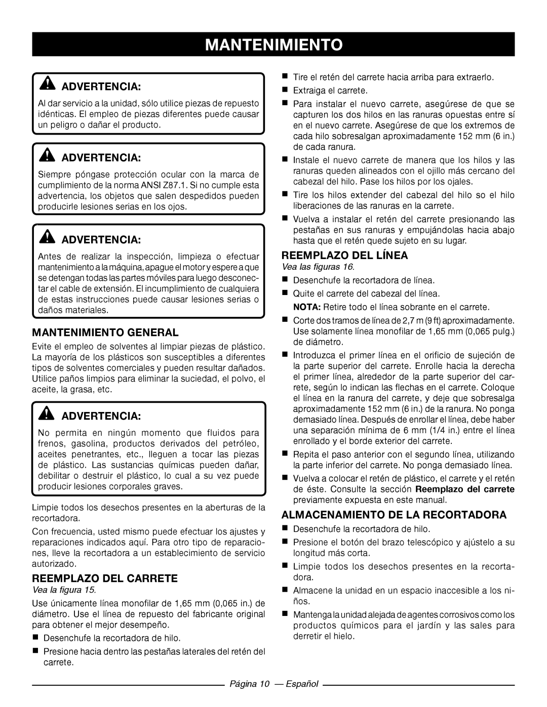 Ryobi RY41140 Mantenimiento General, Reemplazo DEL Carrete, Reemplazo DEL Línea, Almacenamiento DE LA Recortadora 