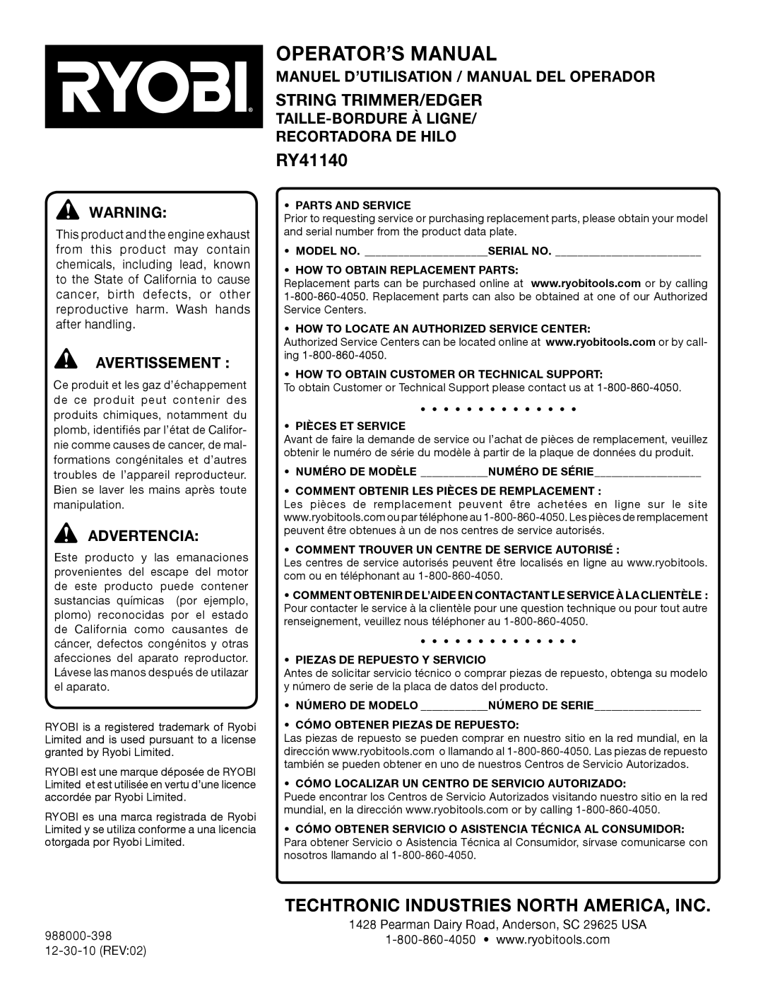 Ryobi RY41140 Manuel D’UTILISATION / Manual DEL Operador, TAILLE-BORDURE À Ligne Recortadora DE Hilo, Página 16 Español 