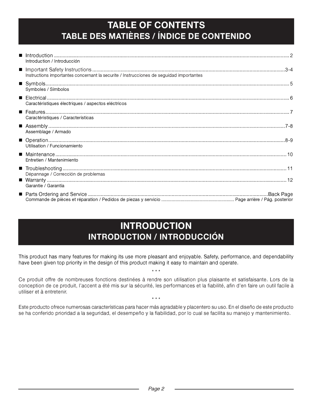 Ryobi RY41140 manuel dutilisation Table of Contents, Introduction 