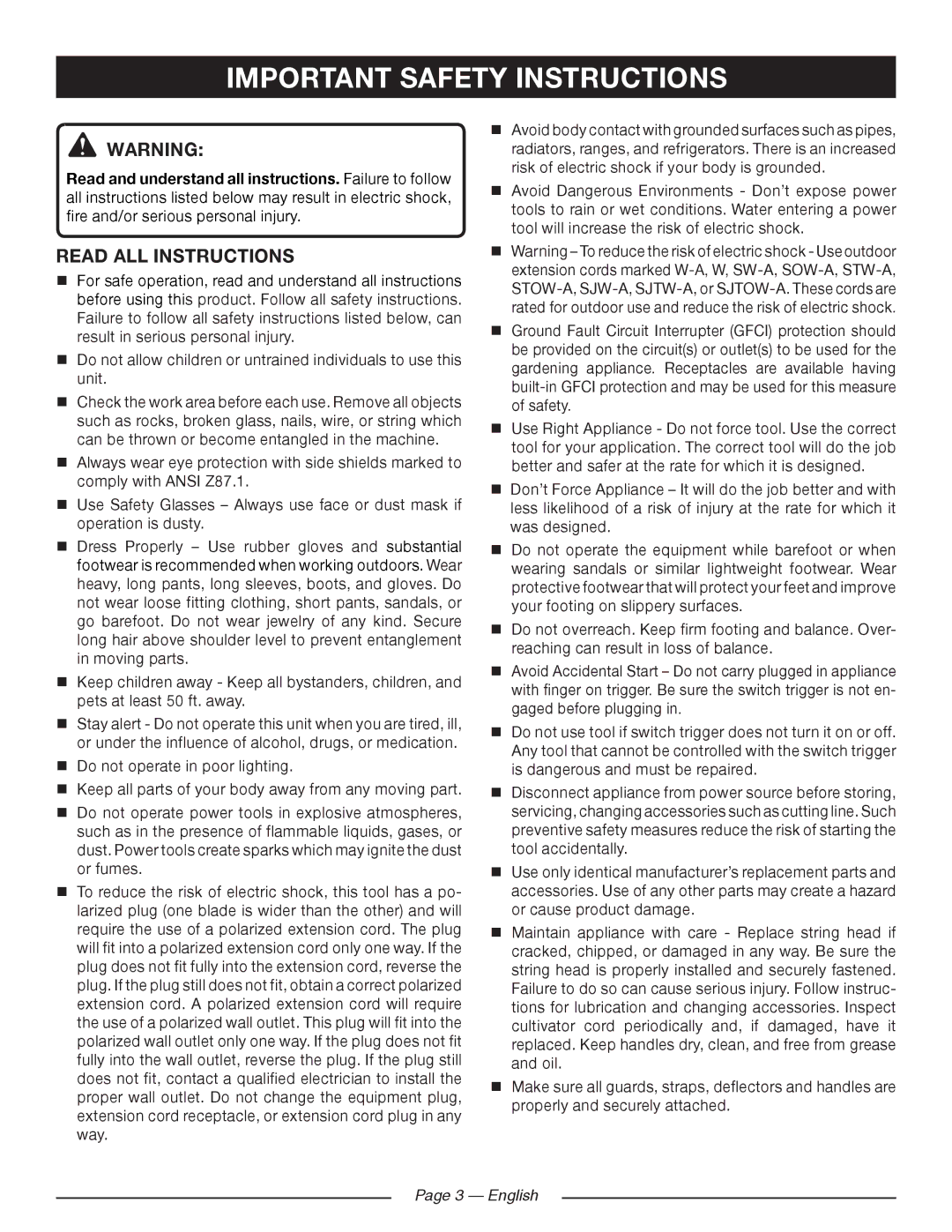 Ryobi RY41140 manuel dutilisation Important Safety Instructions, Read ALL Instructions, English 