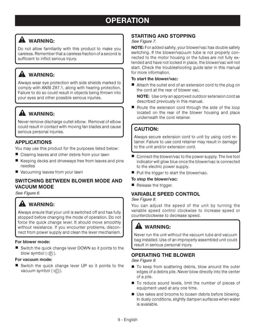 Ryobi RY42110 Operation, Applications, Switching Between Blower Mode and Vacuum Mode, Starting and Stopping 