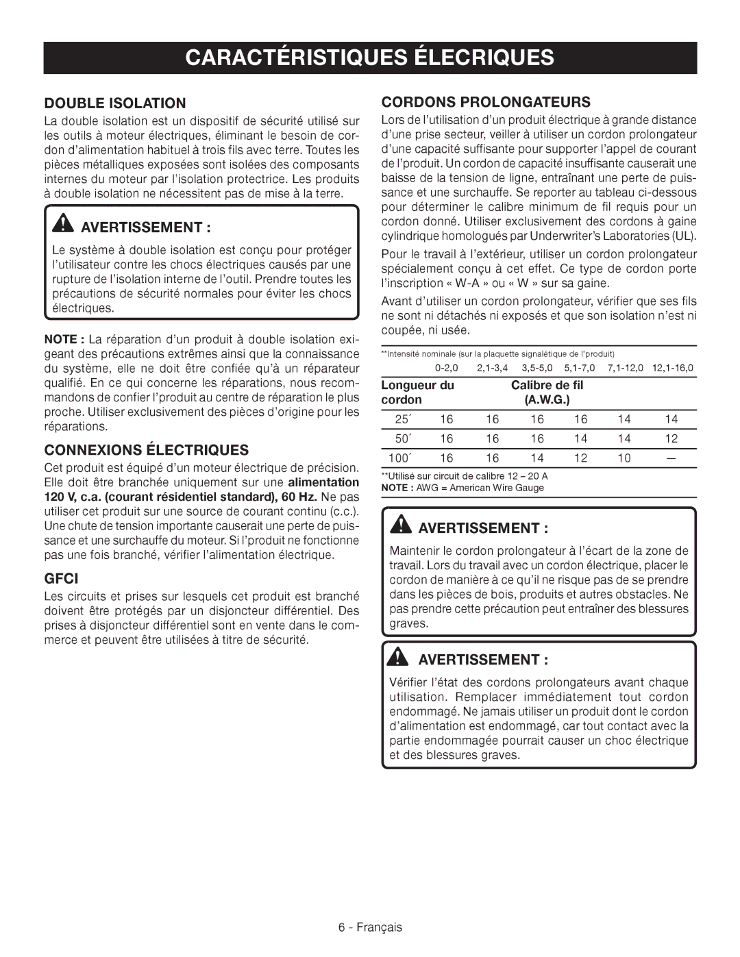 Ryobi RY42110 Caractéristiques Élecriques, Double Isolation, Avertissement, Connexions Électriques, Cordons Prolongateurs 