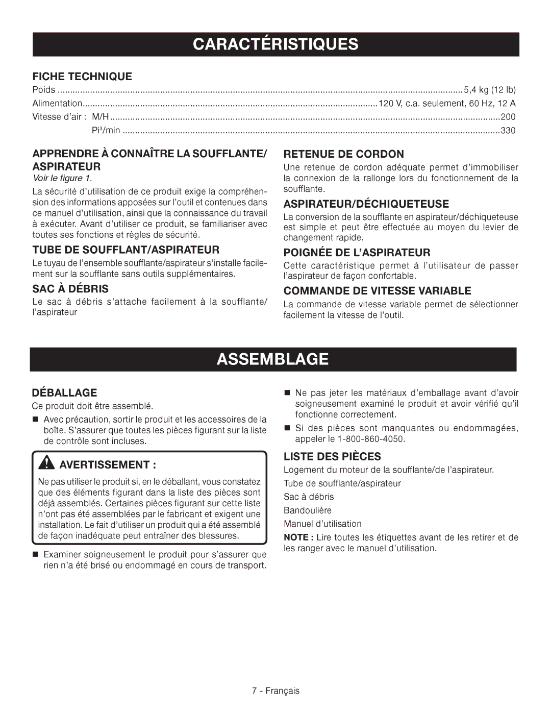 Ryobi RY42110 manuel dutilisation Caractéristiques, Assemblage 