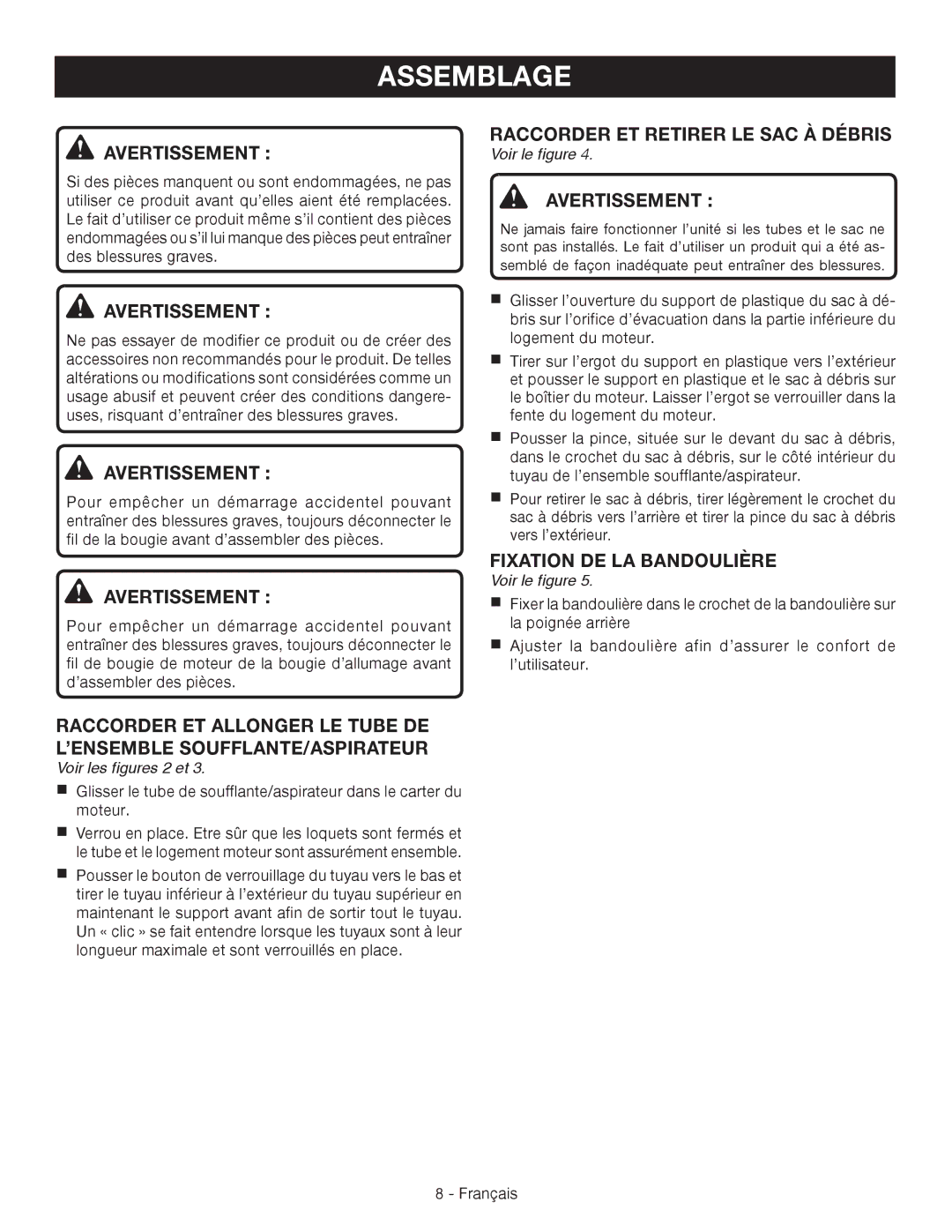 Ryobi RY42110 manuel dutilisation Raccorder ET Retirer LE SAC À Débris, Fixation DE LA Bandoulière, Voir les figures 2 et 