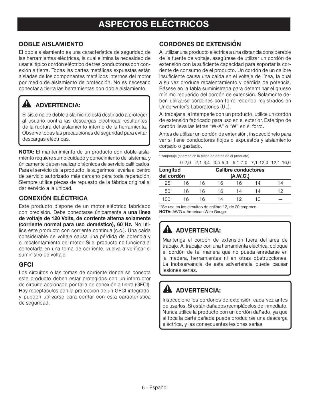 Ryobi RY42110 manuel dutilisation Aspectos Eléctricos, Doble Aislamiento, Conexión Eléctrica, Cordones DE Extensión 