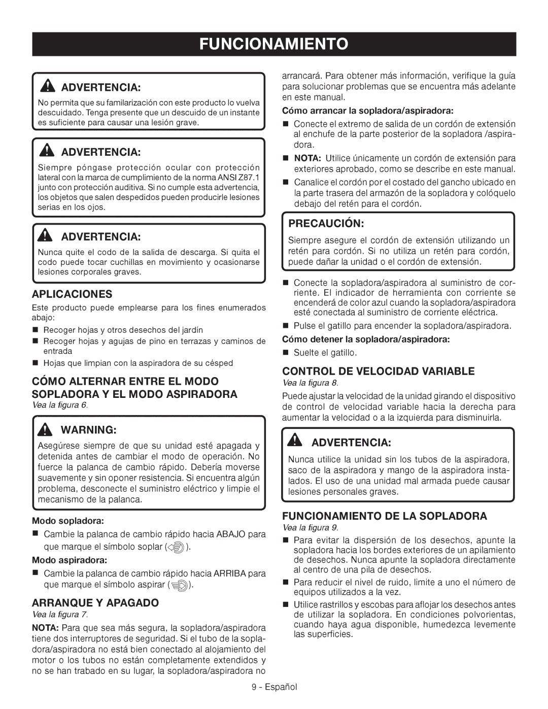 Ryobi RY42110 Funcionamiento, Aplicaciones, Cómo Alternar Entre EL Modo Sopladora Y EL Modo Aspiradora, Arranque Y Apagado 