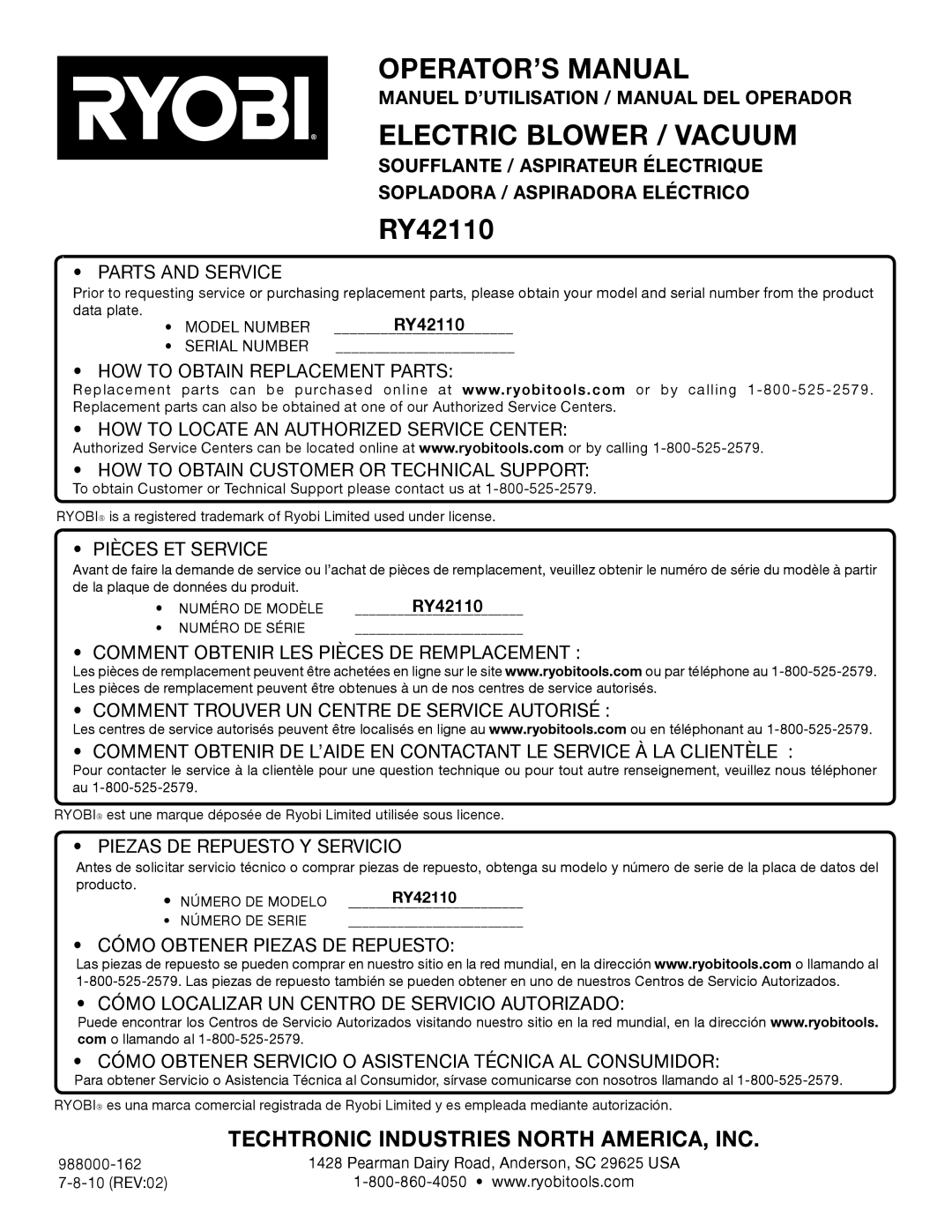 Ryobi RY42110 manuel dutilisation Electric Blower / Vacuum, Manuel D’UTILISATION / Manual DEL Operador 