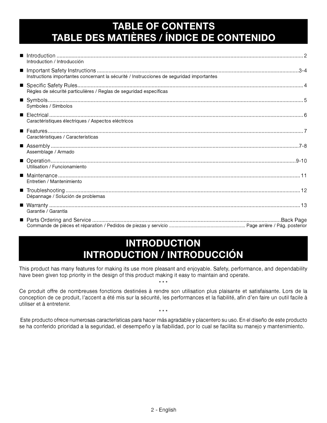 Ryobi RY42110 Table of Contents Table DES Matières / Índice DE Contenido, Introduction Introduction / Introducción 