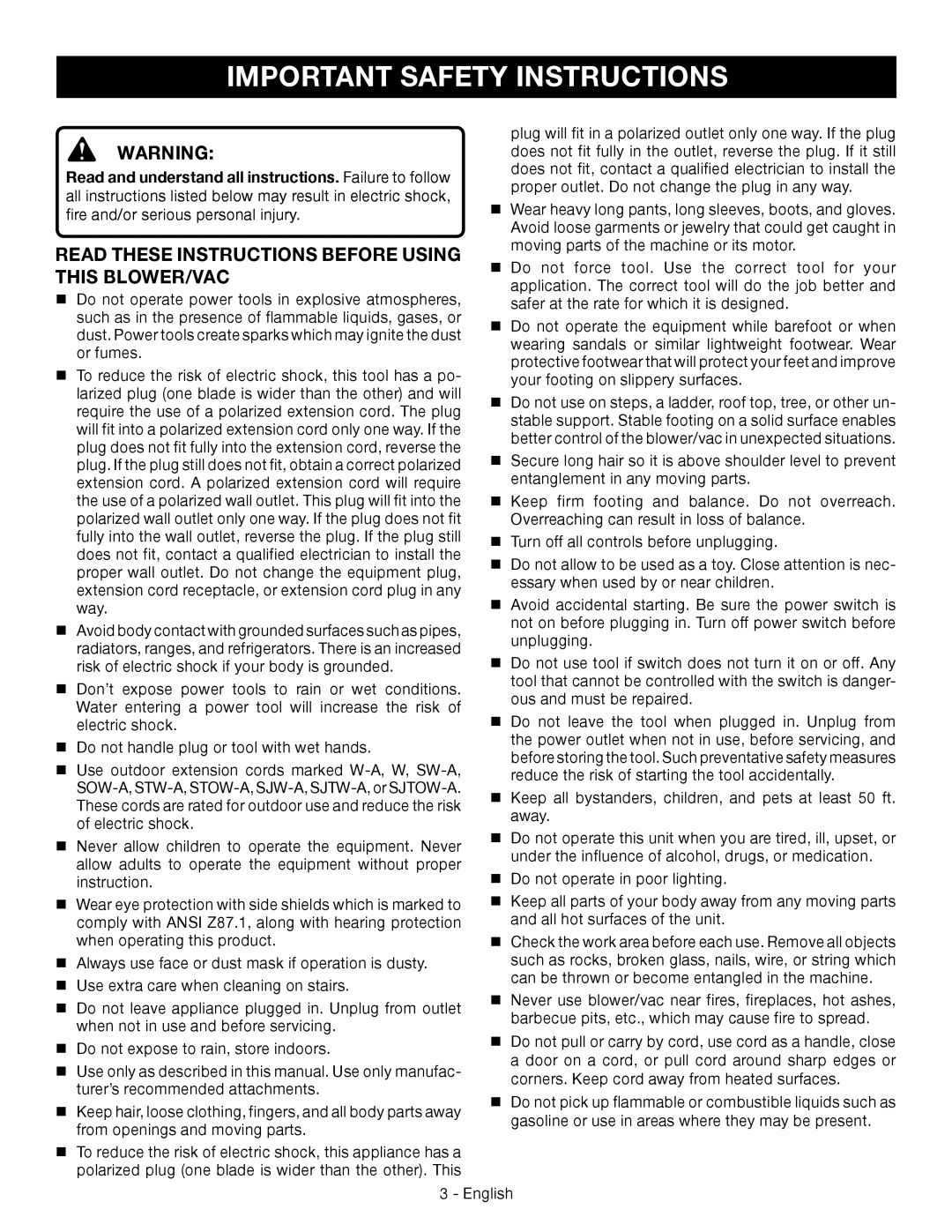 Ryobi RY42110 manuel dutilisation Important Safety Instructions, Read These Instructions Before Using this BLOWER/VAC 