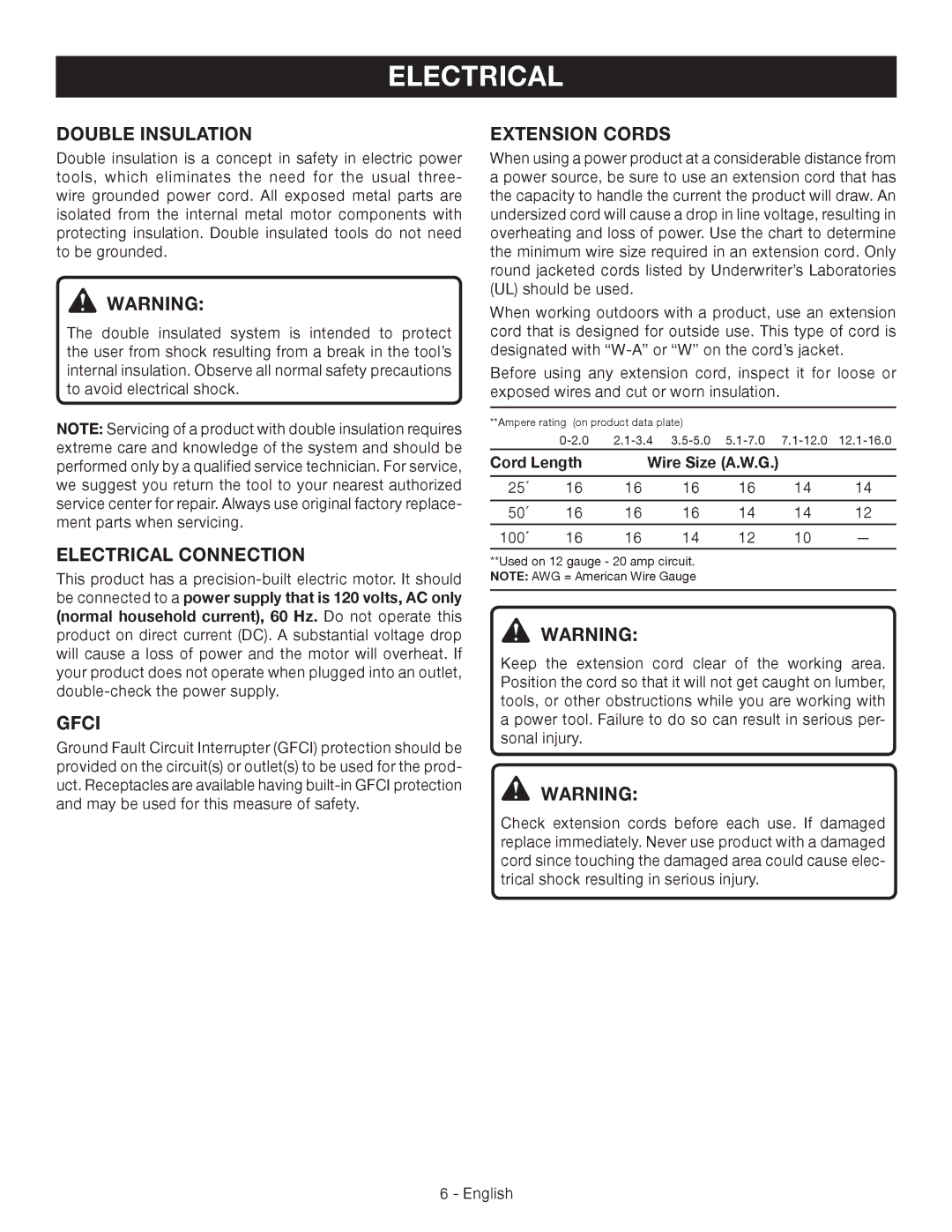 Ryobi RY42110 manuel dutilisation Double Insulation, Electrical Connection, Gfci, Extension Cords 