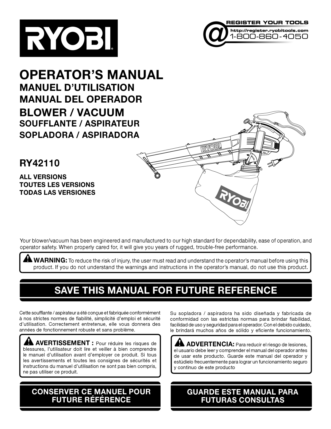 Ryobi RY42110 manuel dutilisation Blower / Vacuum, Manuel D’Utilisation Manual Del Operador, Operator’S Manual 