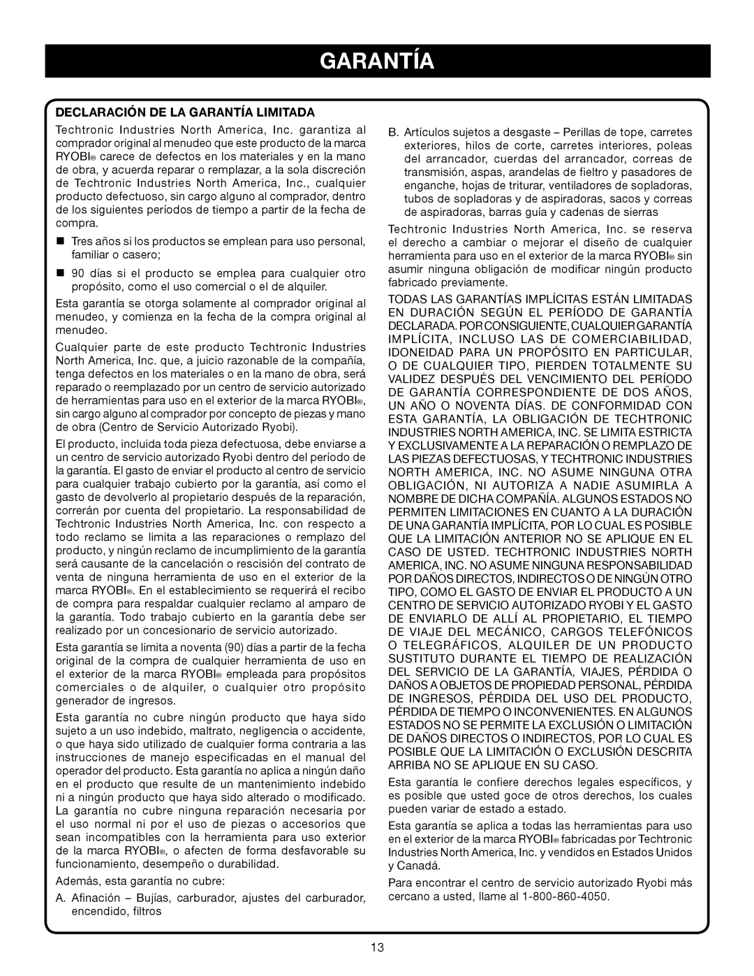 Ryobi RY42110 manuel dutilisation Declaración De La Garantía Limitada 