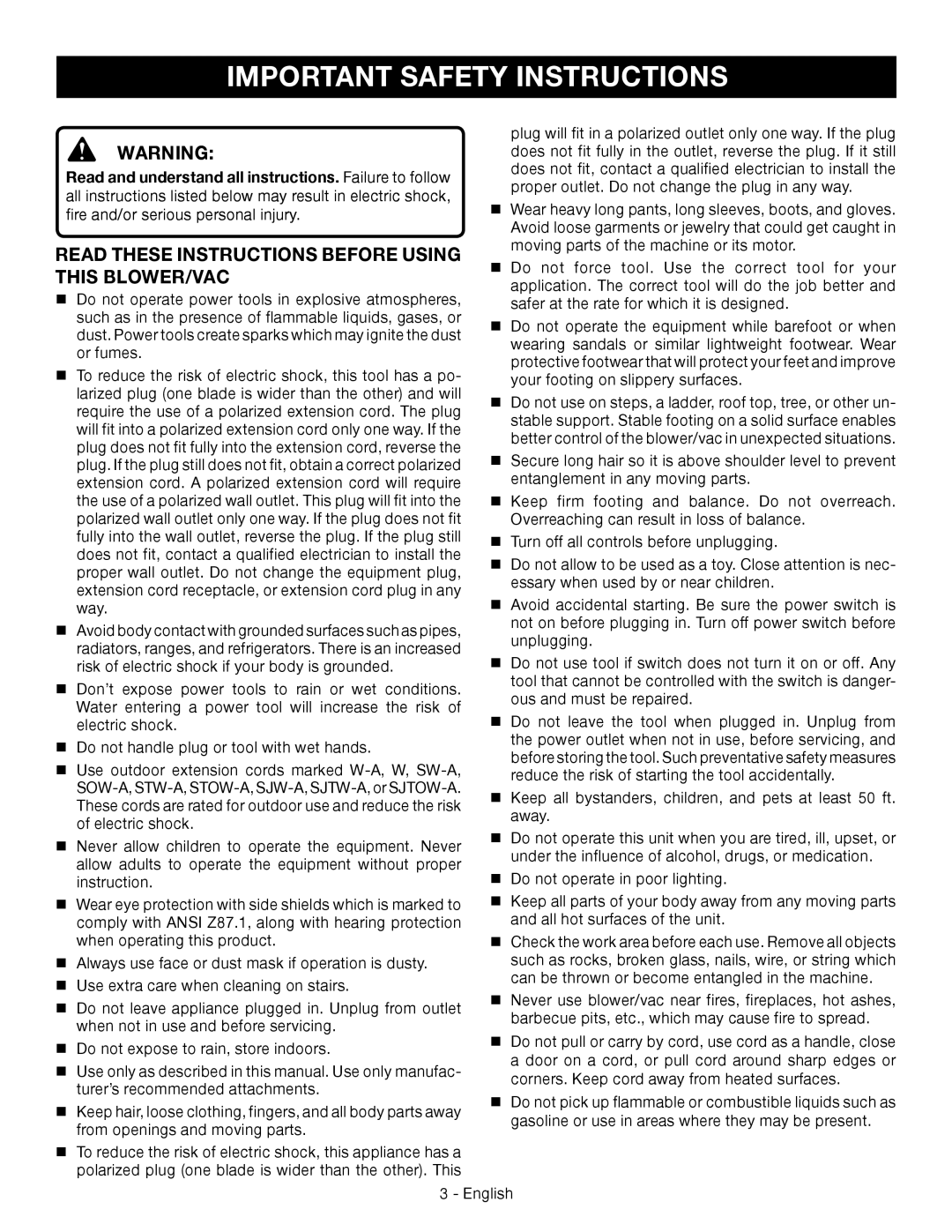 Ryobi RY42110 manuel dutilisation Important Safety Instructions, Read These Instructions Before Using This Blower/Vac 