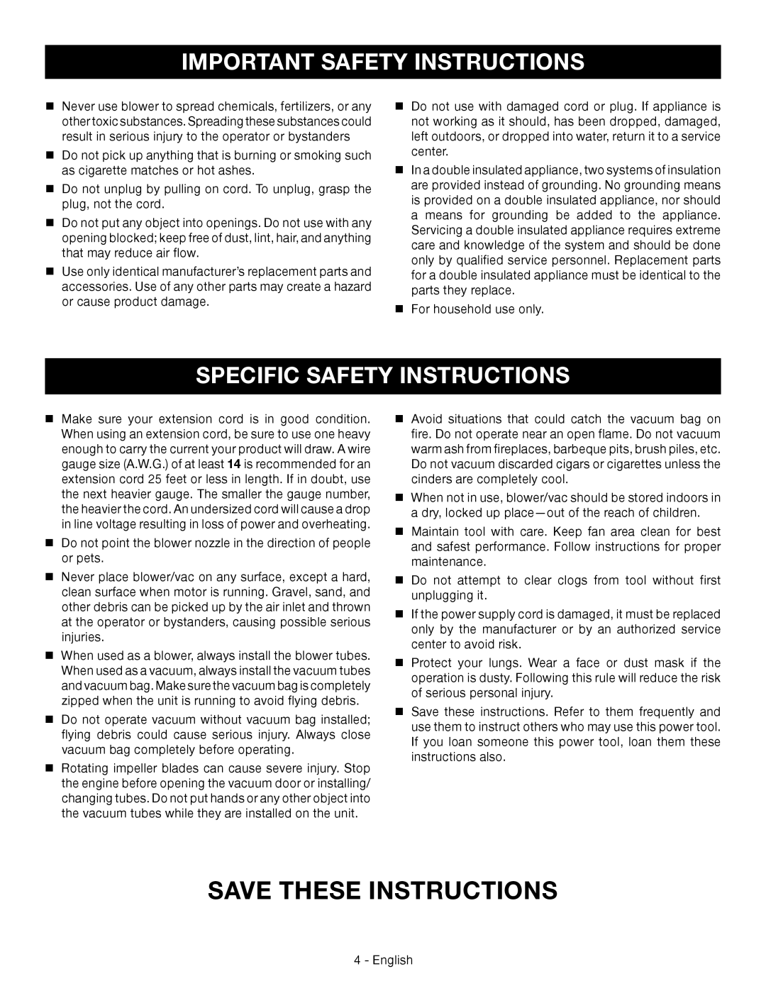 Ryobi RY42110 manuel dutilisation Save These Instructions, Specific Safety Instructions, Important Safety Instructions 