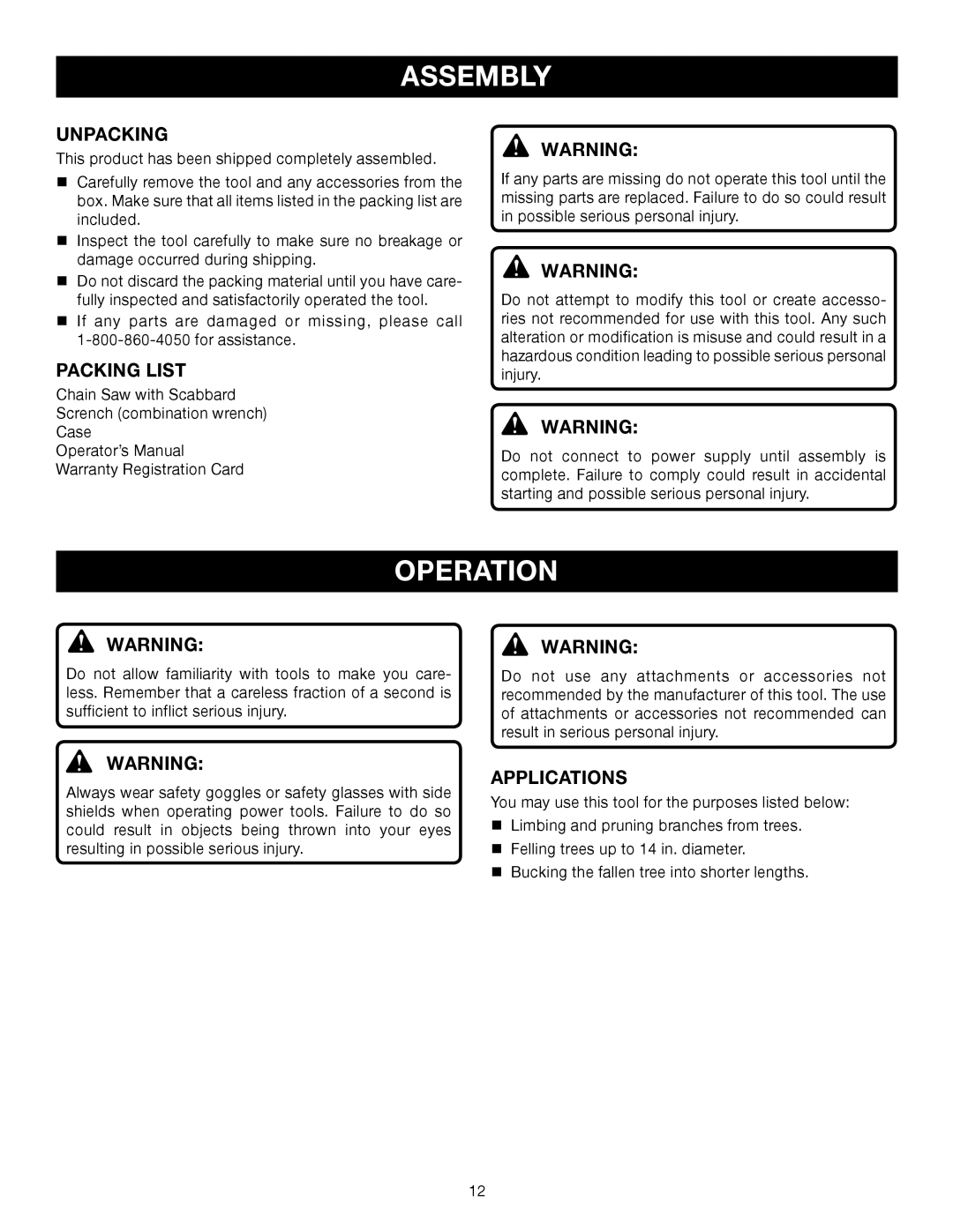 Ryobi RY43006 manual Assembly, Operation, Unpacking, Packing List, Applications 