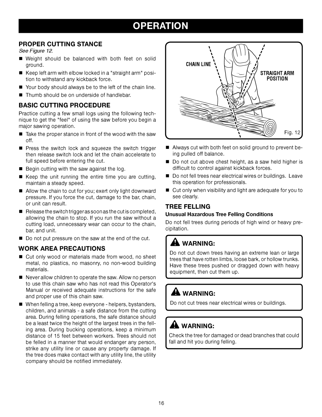 Ryobi RY43006 manual Proper Cutting Stance, Basic Cutting Procedure, Work Area Precautions, Tree Felling 