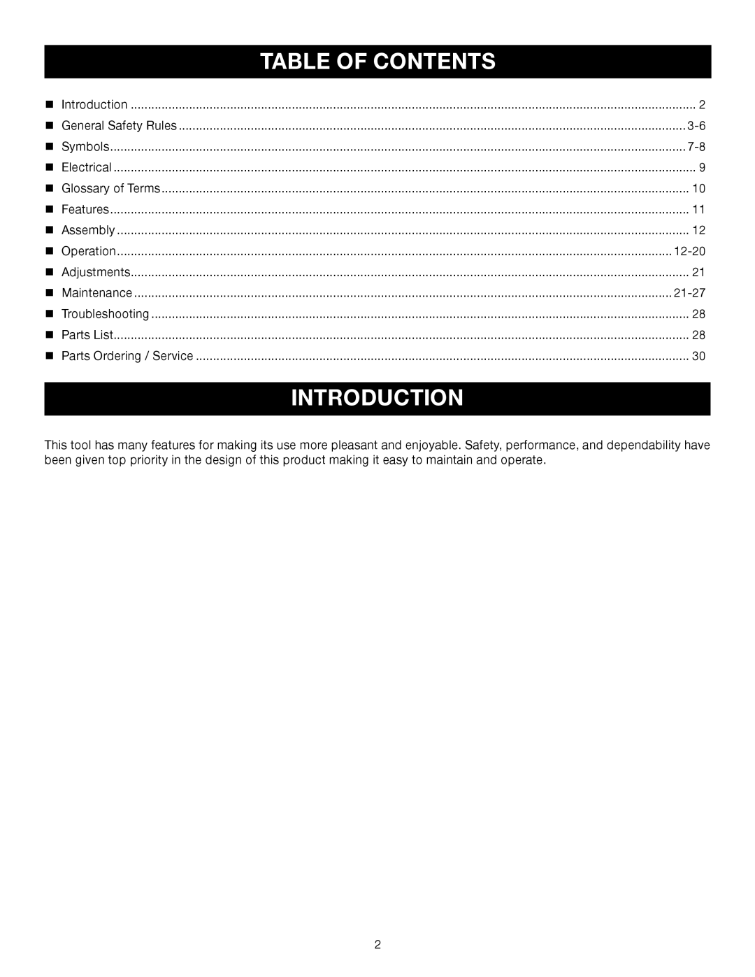 Ryobi RY43006 manual Introduction, Table of Contents 