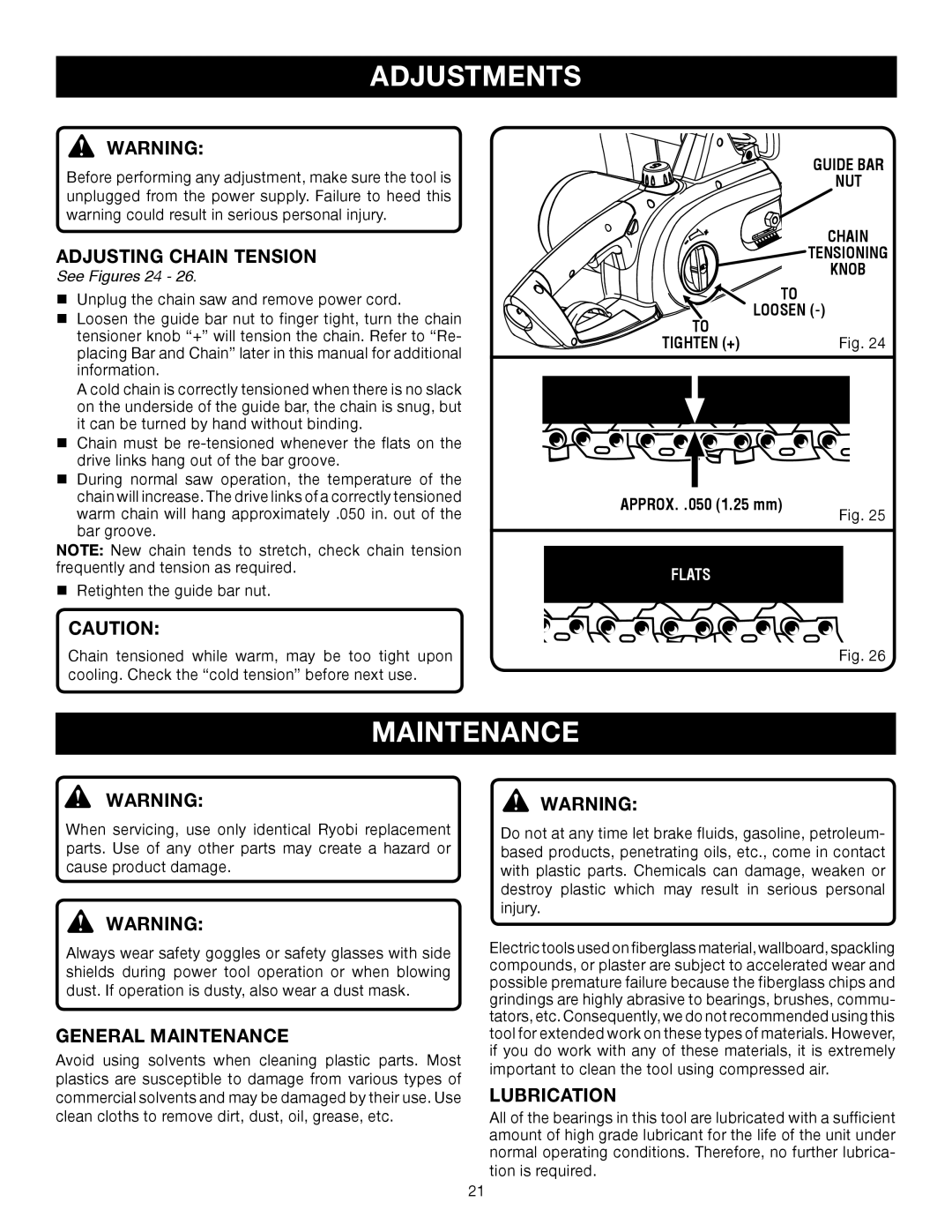 Ryobi RY43006 manual Adjustments, Adjusting Chain Tension, General Maintenance, Lubrication 