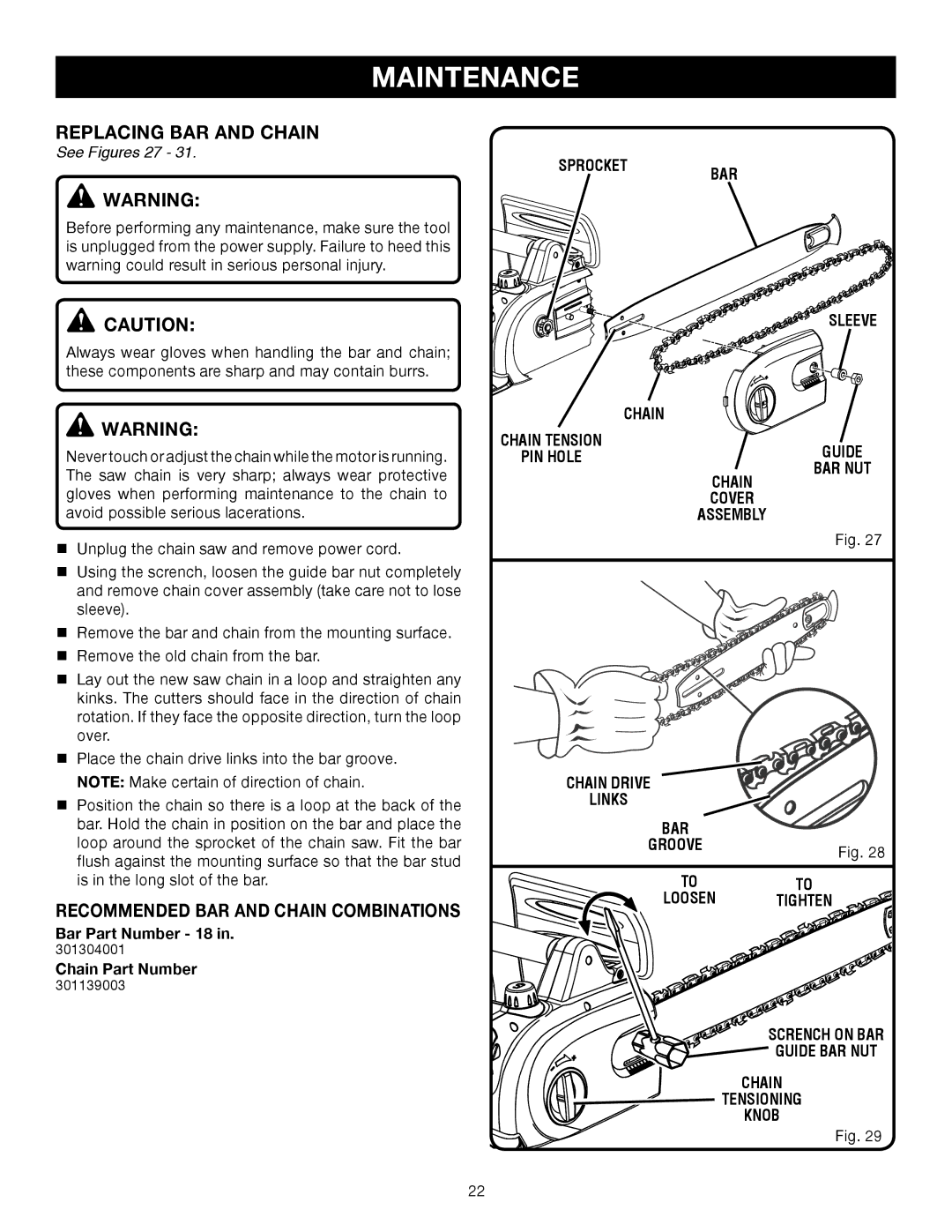 Ryobi RY43006 manual Replacing BAR and Chain, See Figures 27 