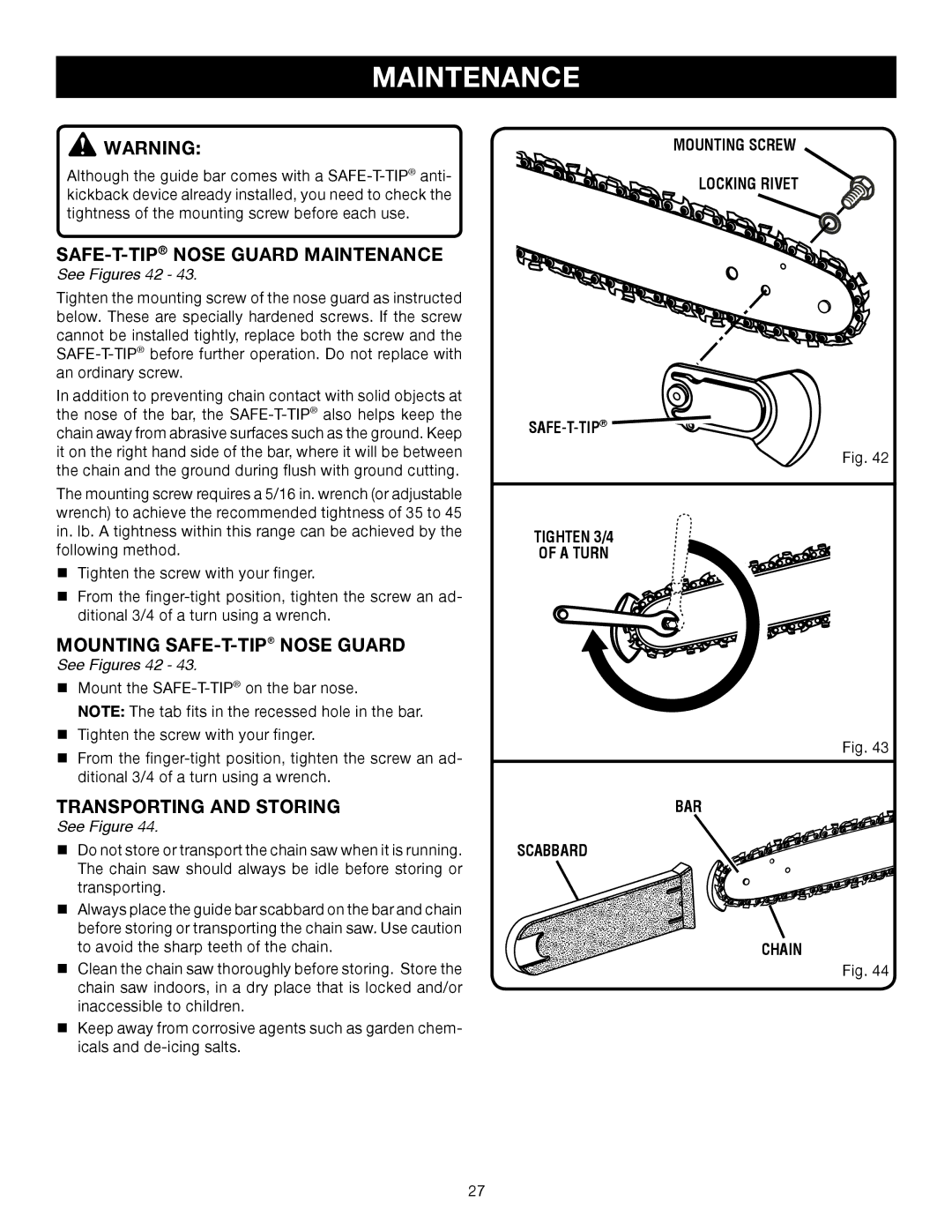 Ryobi RY43006 SAFE-T-TIPNOSE Guard Maintenance, Mounting SAFE-T-TIPNOSE Guard, Transporting and Storing, See Figures 42 