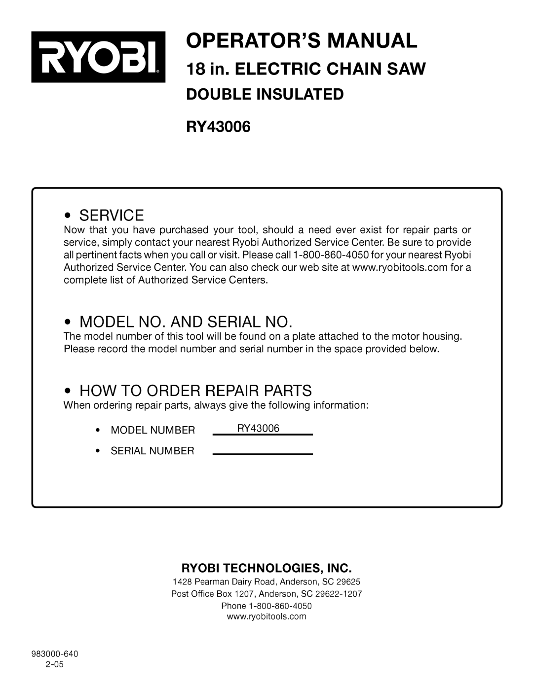 Ryobi RY43006 manual Service Model NO. and Serial no 