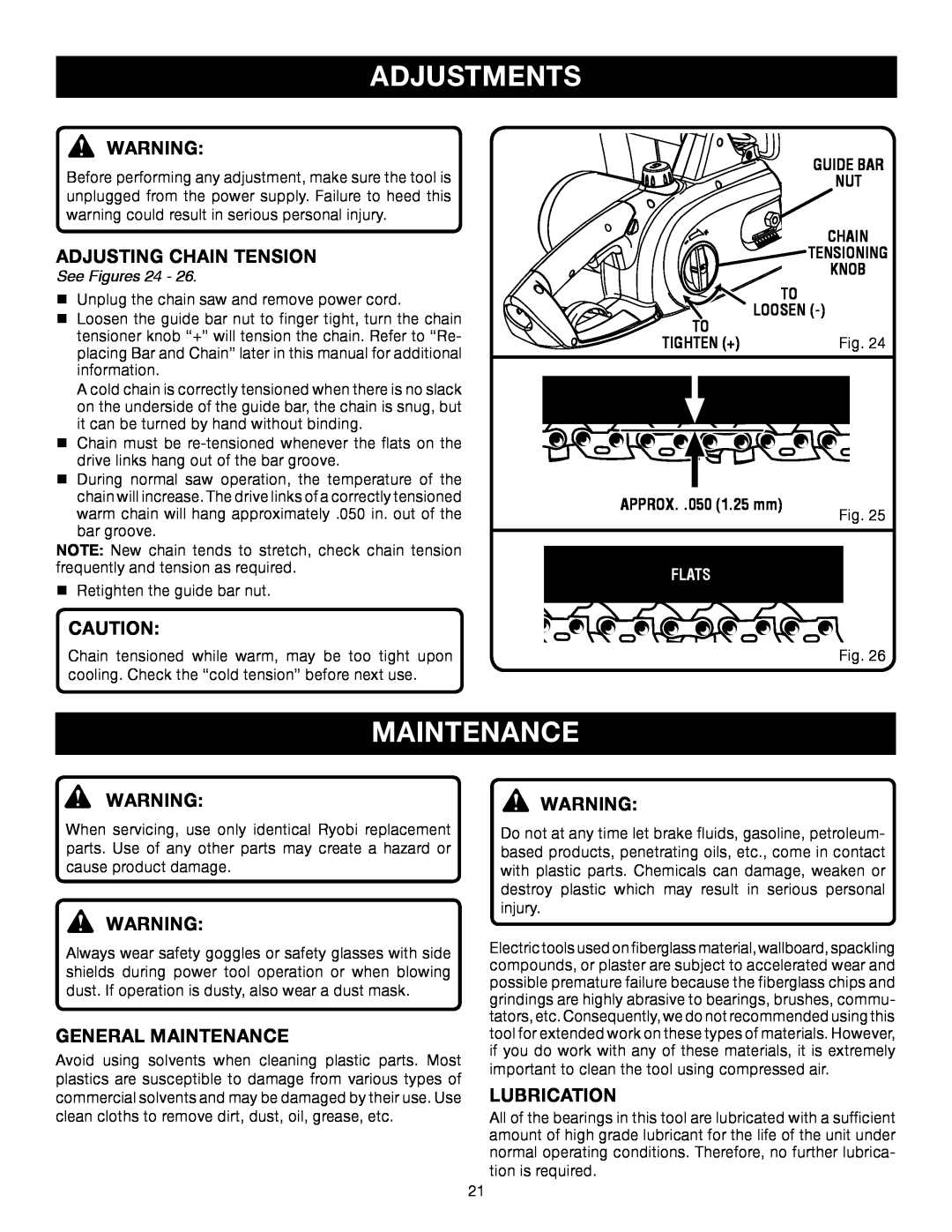 Ryobi RY43006 manual Adjustments, Adjusting Chain Tension, General Maintenance, Lubrication, See Figures, Flats 