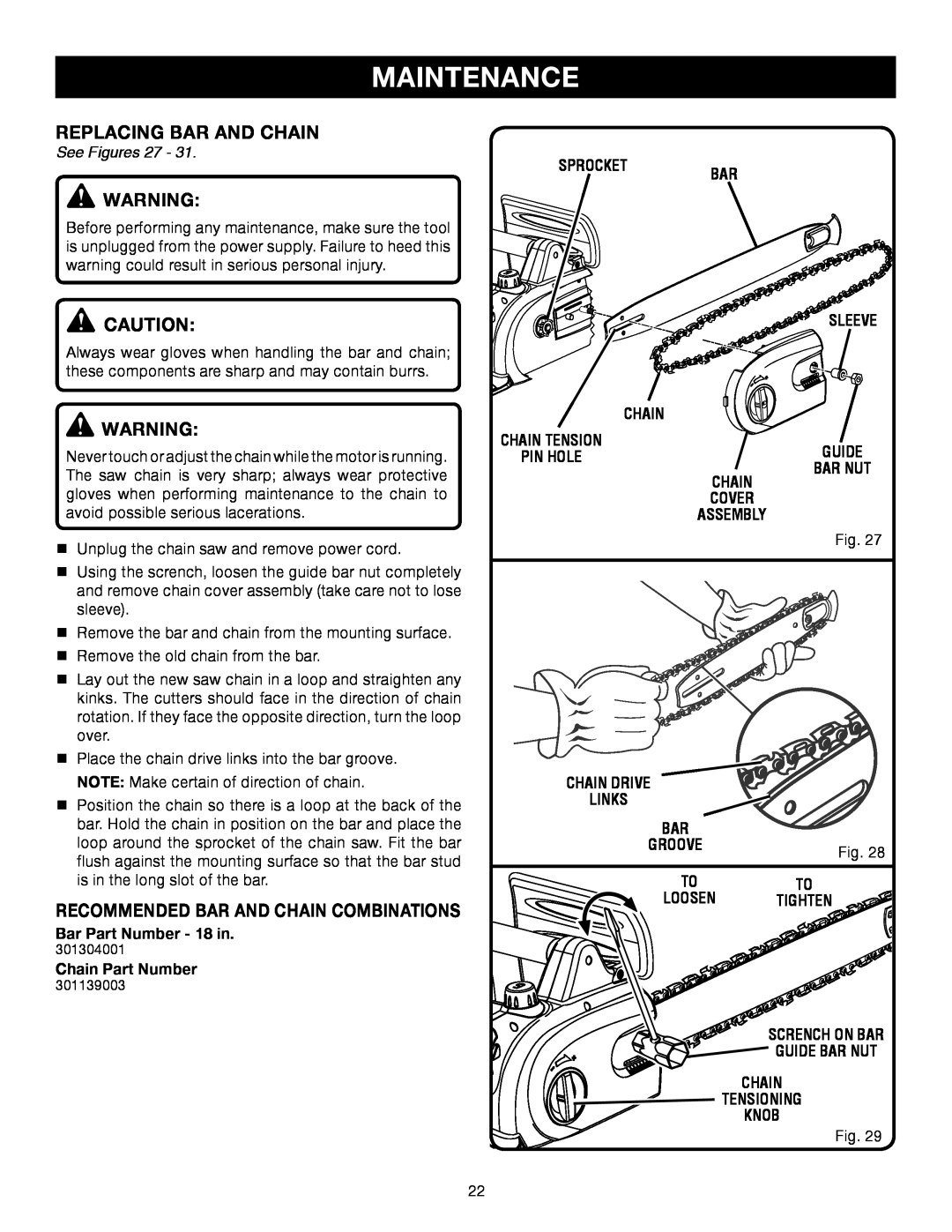 Ryobi RY43006 Replacing Bar And Chain, Maintenance, Recommended Bar And Chain Combinations, See Figures, Chain Part Number 