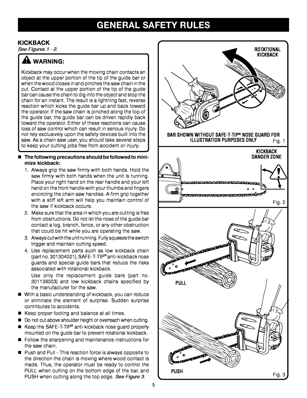 Ryobi RY43006 manual General Safety Rules, See Figures 1, Illustration Purposes Only, Kickback Danger Zone, Pull, Push 