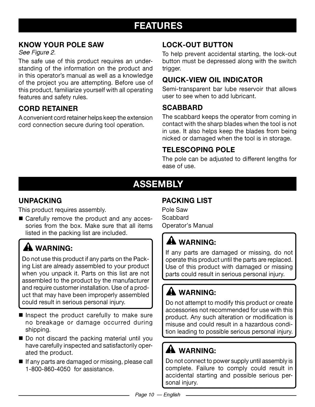 Ryobi RY43160 manuel dutilisation Features, Assembly 