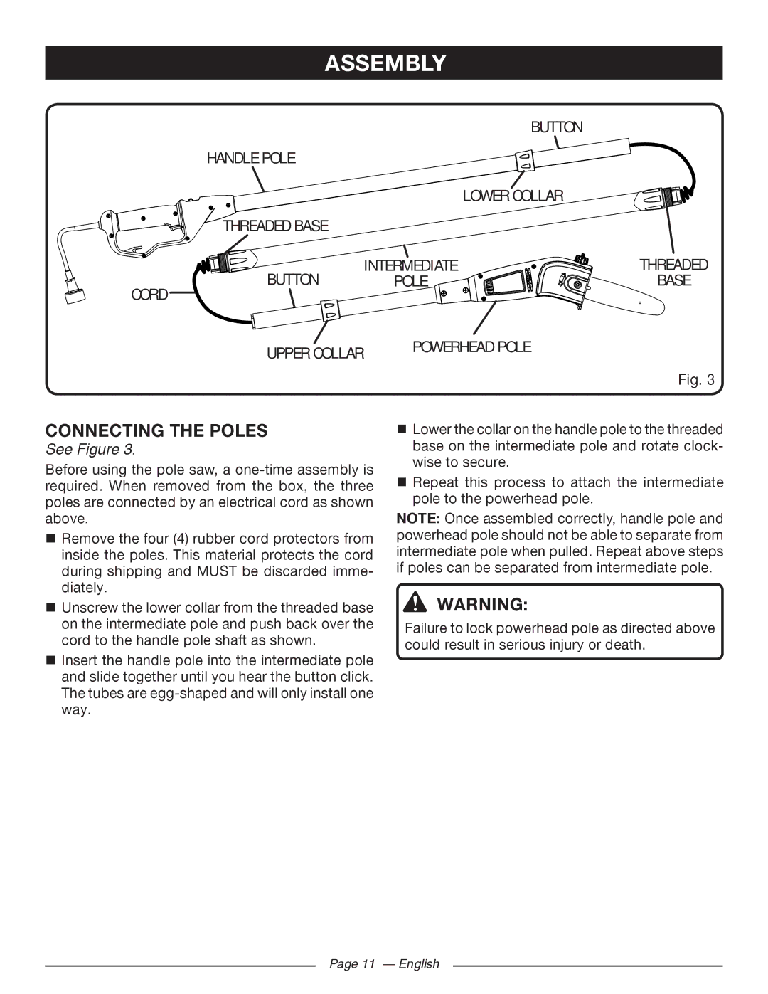 Ryobi RY43160 manuel dutilisation Connecting the Poles, Button Handle Pole Lower Collar Threaded Base, Cord, Powerhead Pole 