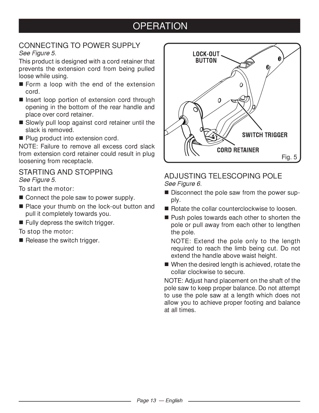 Ryobi RY43160 manuel dutilisation Connecting to Power Supply, Starting and Stopping, Adjusting Telescoping Pole 